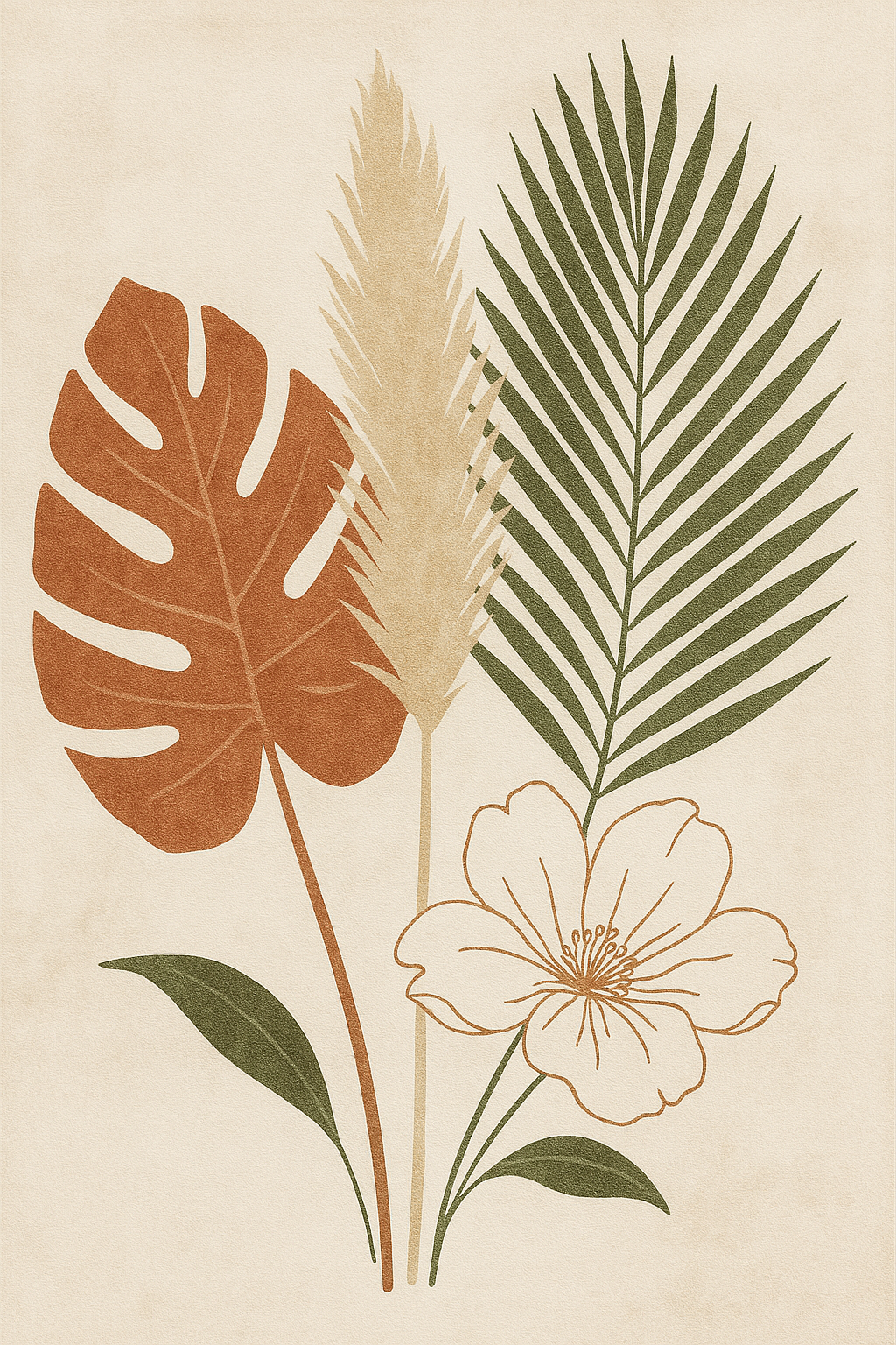 Boho Botanical Wall Art – Tropical Leaves, Pampas Grass & Line Art Flower in Terracotta, Cream & Olive