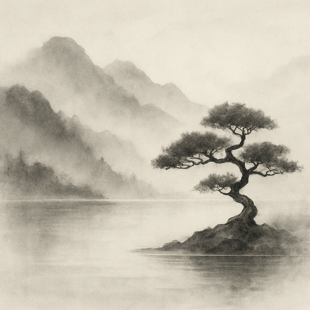 Japanese-Inspired Sumi‑e Landscape – Misty Mountains, Calm Lake & Lone Bonsai (Grayscale Minimalism)