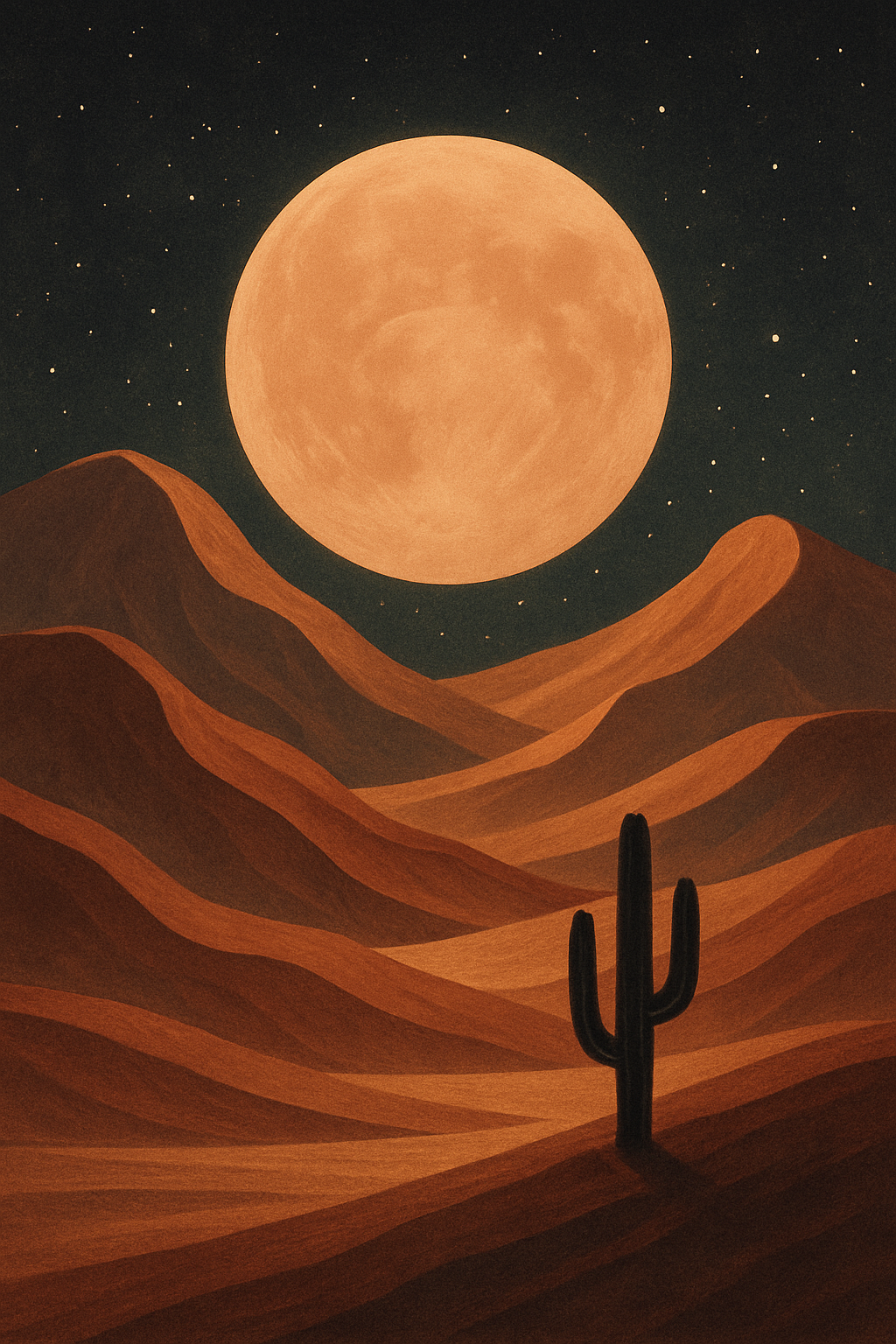 Surreal Desert Moon – Giant Sand Dunes, Glowing Moon & Lone Cactus under a Starry Sky